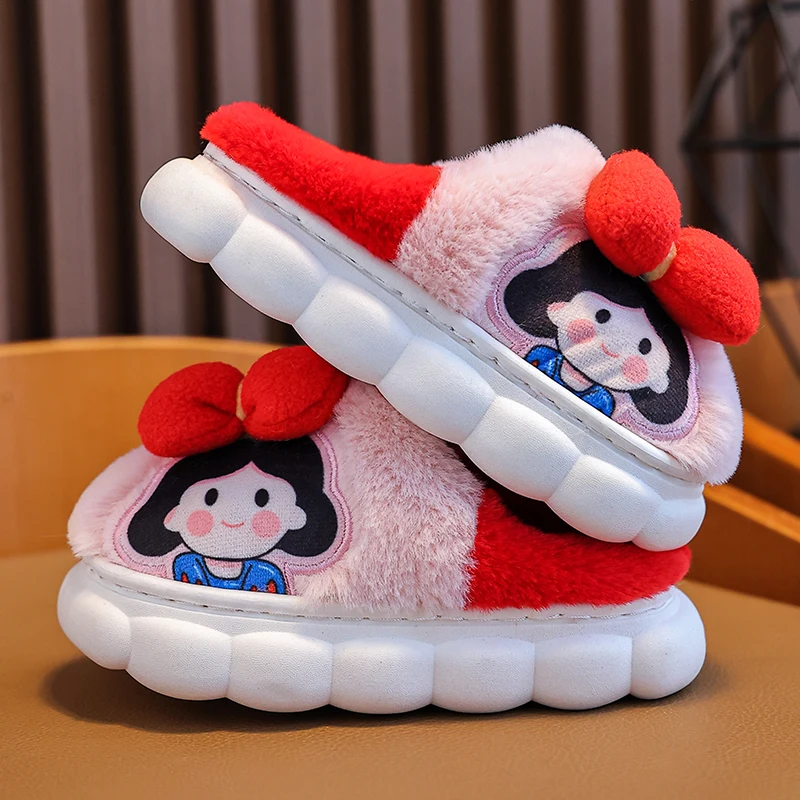 Kids Slippers Children Winter Girls Platform Plush Slippers Home Indoor Non-Slip Warm Cute Cartoon Schoolgirl Princess Shoes 3-12 Years