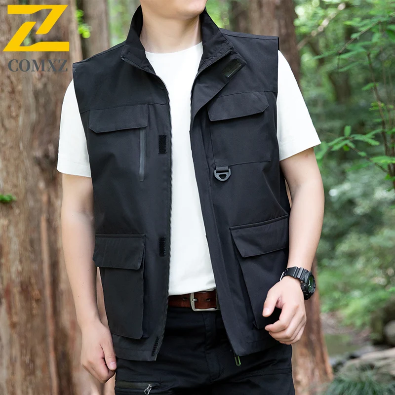 COMXZ 2025 New Zhongshan Vest Men Large Pocket Outdoor Sport Casual Sleeveless Waistcoat Outdoor Lightweight Sleeveless Workwear