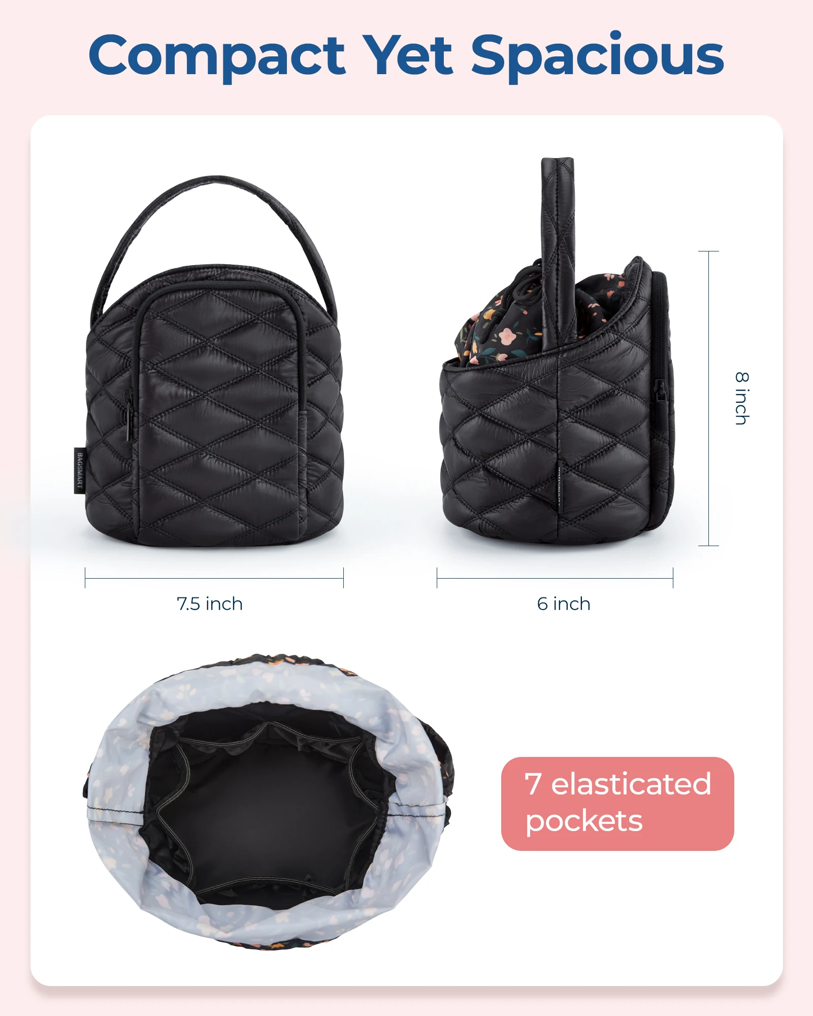 BAGSMART 드로스트링 화장품 가방, 보관 메이크업 가방, 정리함 파우치, 휴대용 방수 세면 용품 뷰티 케이스, 여성용 핸드백