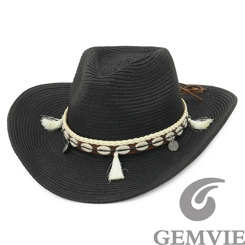 Sun Hat Sun Protection Hat GEMVIE Shell Tassels Cowgirl Summer Hat Straw Hat for Women Men Western Cowboy Lady Trendy Woven Sun Beach Cap