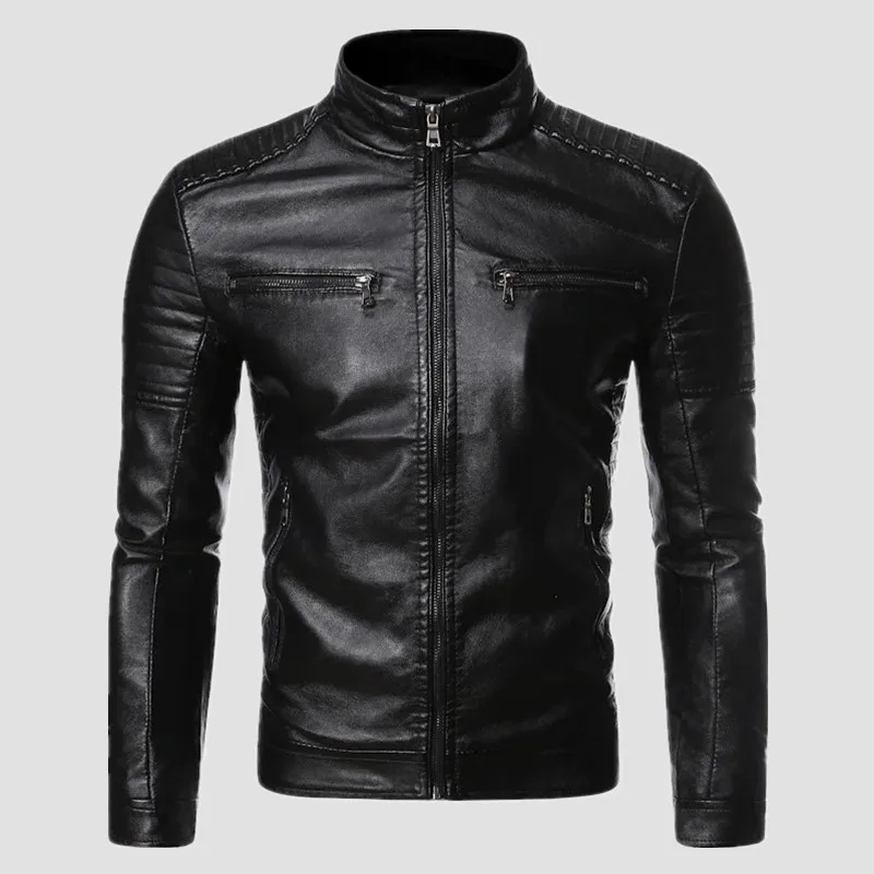 Men's Jacket Solid Colors Leather Jackets Male Stand Collar Motor Slim Multi Pockets Jackets Male Vintage Classic Leather Jacket leather jackets
