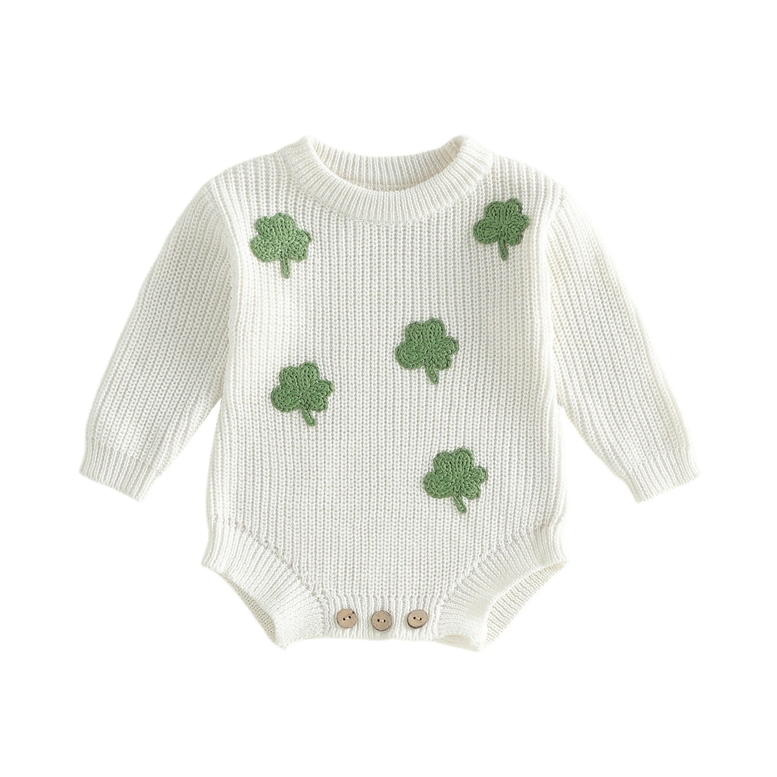   소녀 소년 롬퍼 긴 소매 크루 넥 샴록 자수 귀여운 봄 니트 점프 슈트