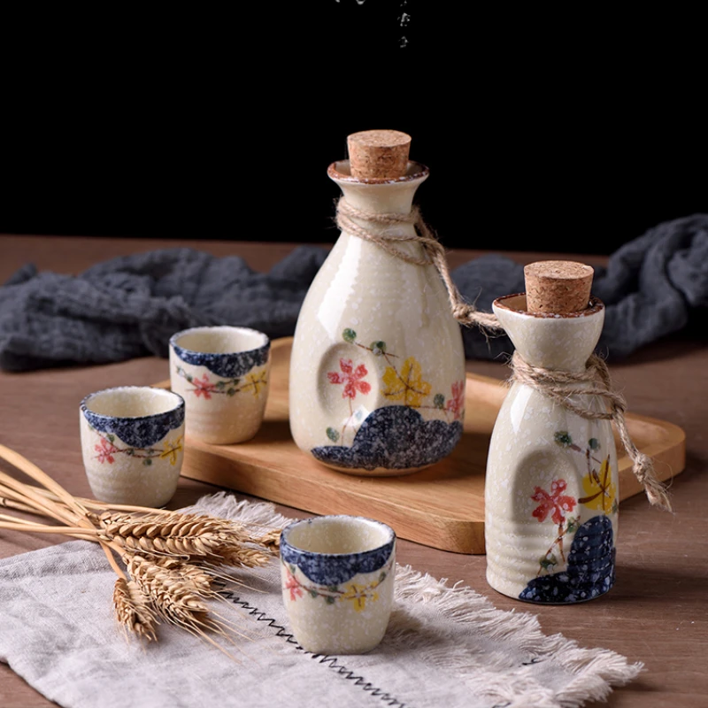 3PCS/5PCS Sake Wine Set Ceramics Wine Bottle Underglaze Color Dispenser Vintage Bar Sets Japanese Style Heated Warm Cup