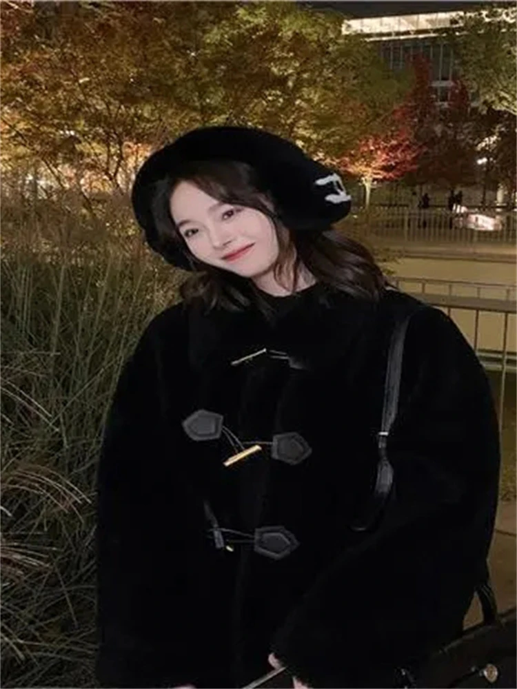 Lambwool Winter Faux Fur Coats Warm Thicken Mid-length Jackets Korean Vintage Horn Button Jaqueta Women Luxury Furry Overcoats