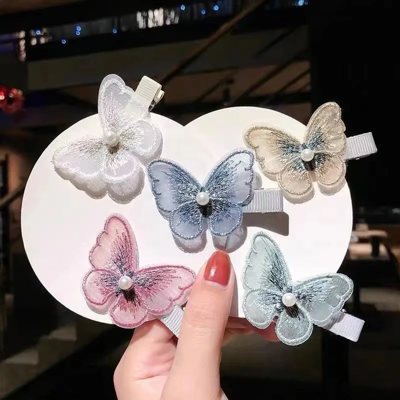 Korean Cute Baby Girls Hairpin Candy Embroidery Fabric Pearl Butterfly Hairpin Female Small Bangs Edge Clip for Kids Accessories