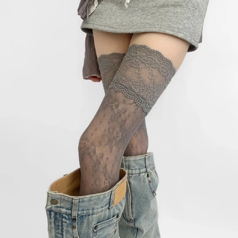 Socks Woman Solid Color Thigh High Lace...