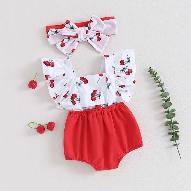 

Suefunskry Newborn Girl Outfit, Fly Sleeve Cherry Print Hollowed Patchwork Romper with Hairband Summer Clothes