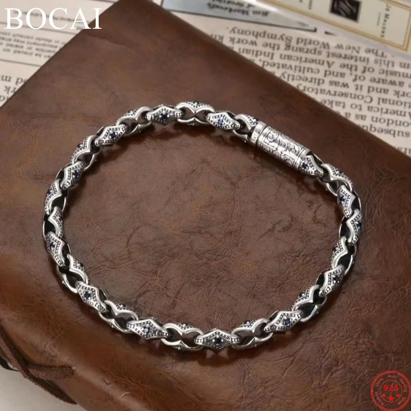 

BOCAI S925 Sterling Silver Charm Bracelets for Men Women New Eternal Rattan Rhombus 8-shaped Chain Zircon Necklace Free Shipping