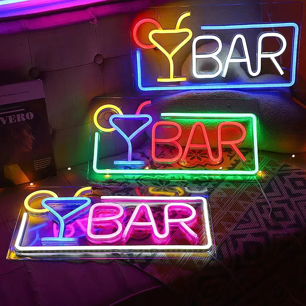 USB Bar LED Wine Glass Neon Restaurant Night Club Atmosphere Lighting Wall Decor Party Glow Bar Neon Sign Background Night Light