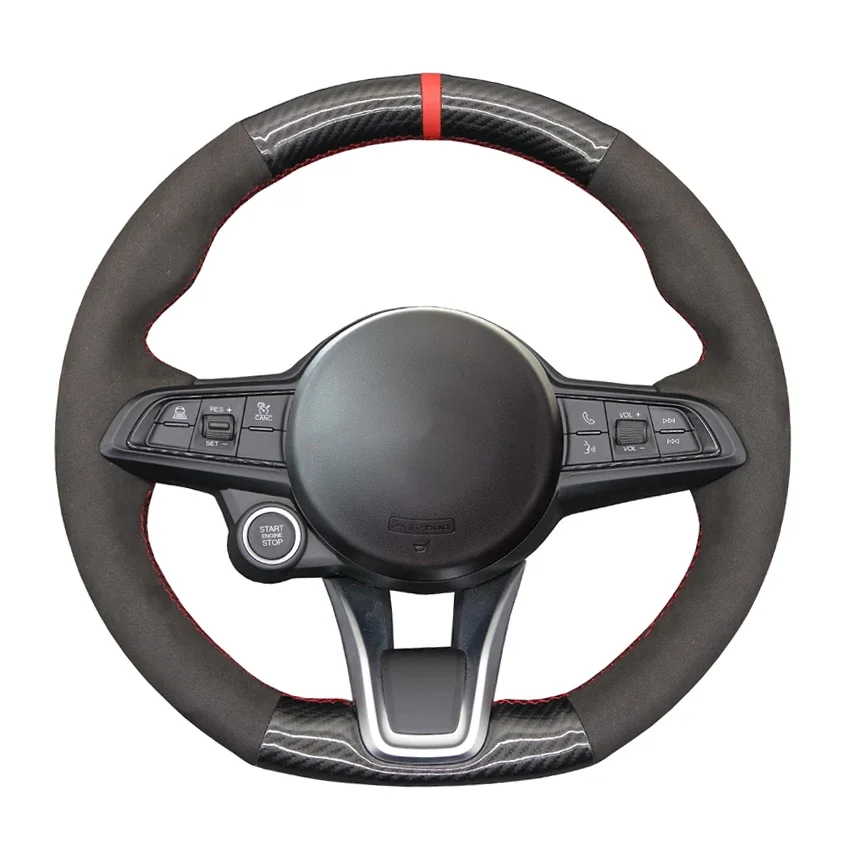 

Черный чехол на руль из искусственного углеродного волокна и замши, прошитый вручную, для Alfa Romeo Giulia 2020-2022 Stelvio 2020-2022 Tonale 2022