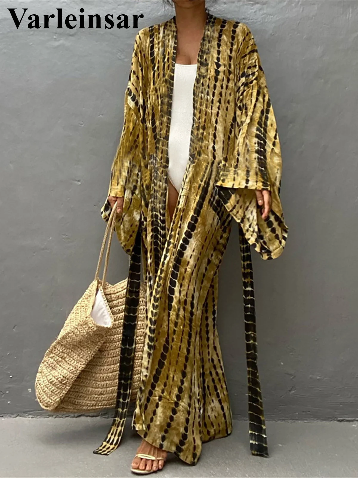 New 11 Colors Printed Long Sleeve With Belt Tunic Beach Cover Up Cover-ups Beach Dress Beach Wear Beachwear Female Women V4521 6