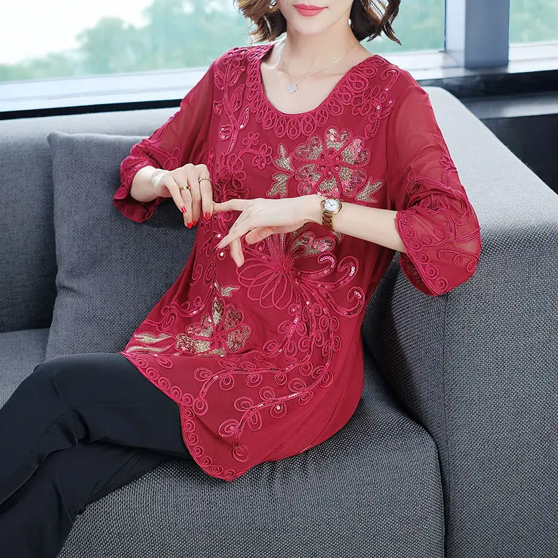 Vintage Floral Embroidery Applique Blouse Casual Loose Spring Summer 3/4 Sleeve Women's Clothing Stylish Sequined O-Neck Shirt