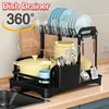 New 360° rotating tableware storage rack rotating storage rack double-layer kitchen tableware drying rack with drain function 4