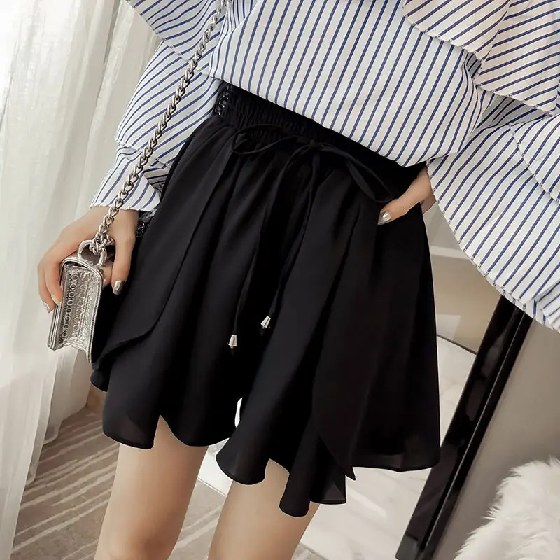 Summer Oversized Loose Solid Color Simplicity Wide Leg Elastic Waist Spliced Drawstring Commute Women's Clothing Chiffon Shorts