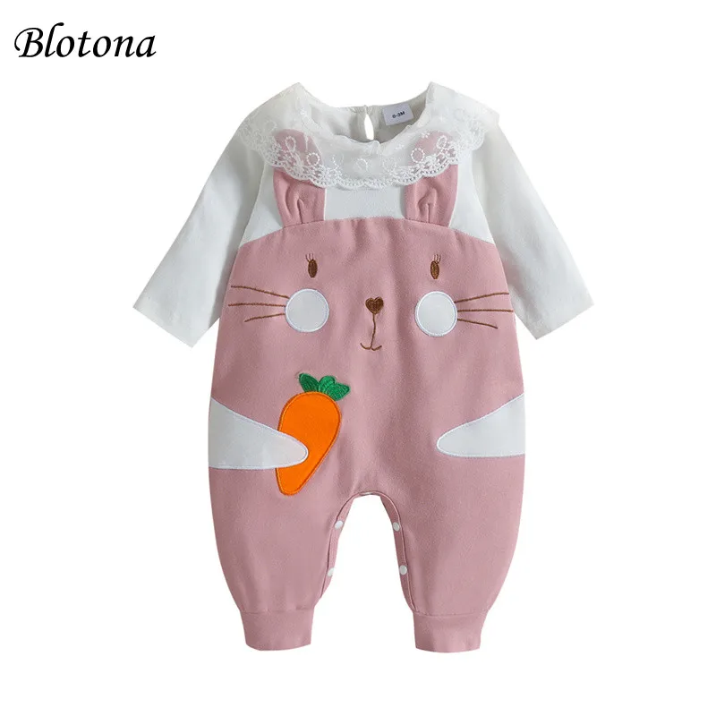 

Пасхальный комбинезон для маленьких девочек Blotona, комбинезон с длинными рукавами, круглым вырезом и длинными штанами на пуговицах, с мультяшным рисунком кролика, на возраст 0-18 месяцев