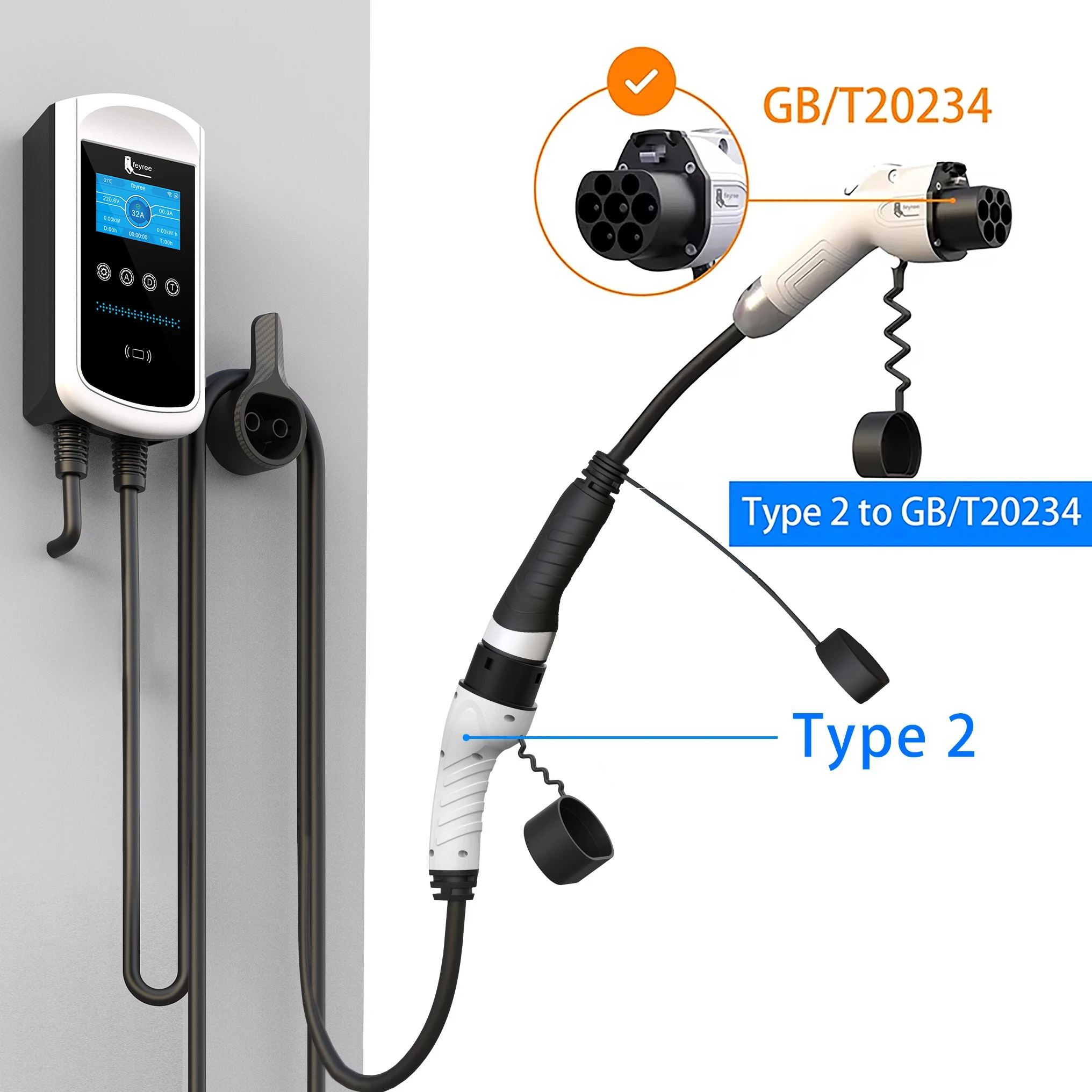Feyree Electric Vehicle Charging Gun 16A32A Ac Charging Pile Adapter for Slow Charging at Home
