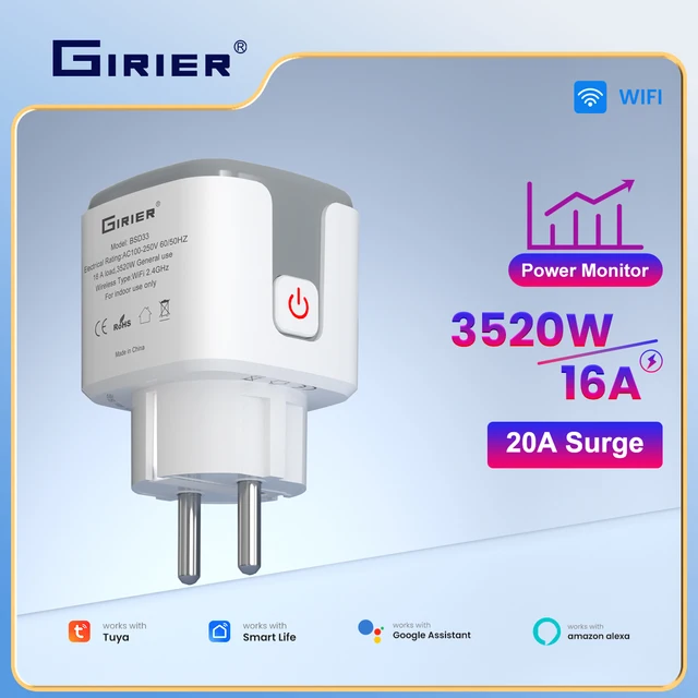 GIRIER Tuya ปลั๊กไฟอัจฉริยะ 16A WiFi ปลั๊กไฟติดผนังไร้สาย 3520W พร้อมฟังก์ชั่นตรวจสอบพลังงาน รองรับ Alexa Hey Google 1