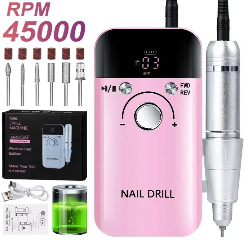 Electric Nail Drill 45000RPM Rechargeable Professional For Gel Nails Polish Portable File Manicure Tool For Electric Nail Drill Electric Nail Grinder