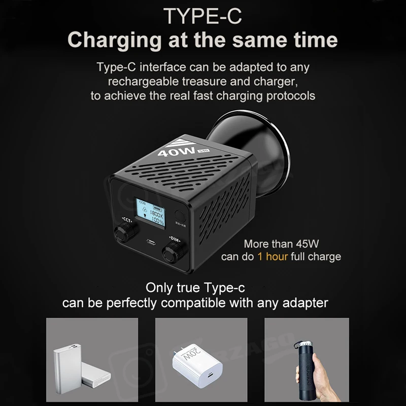 Forzago 이중 색상 2500 6500K COB 라이트 미니 보웬스 마운트, 사진 촬영용 비디오 라이트, 3400mAh, 40W
