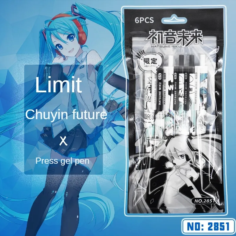 하츠네 미쿠 프레스 뉴트럴 펜, 블랙 리필 젤 펜 세트, 총알 팁 0.5mm, 학교 사무용품 문구 액세서리, 6 개