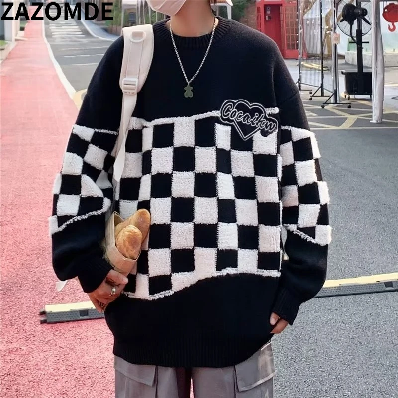 

ZAZOMDE 2022 New Classic Plaid Knitted Sweater Men Winter Clothes High Street Fashion O-neck Pullover Warm Streetwear Sweaters