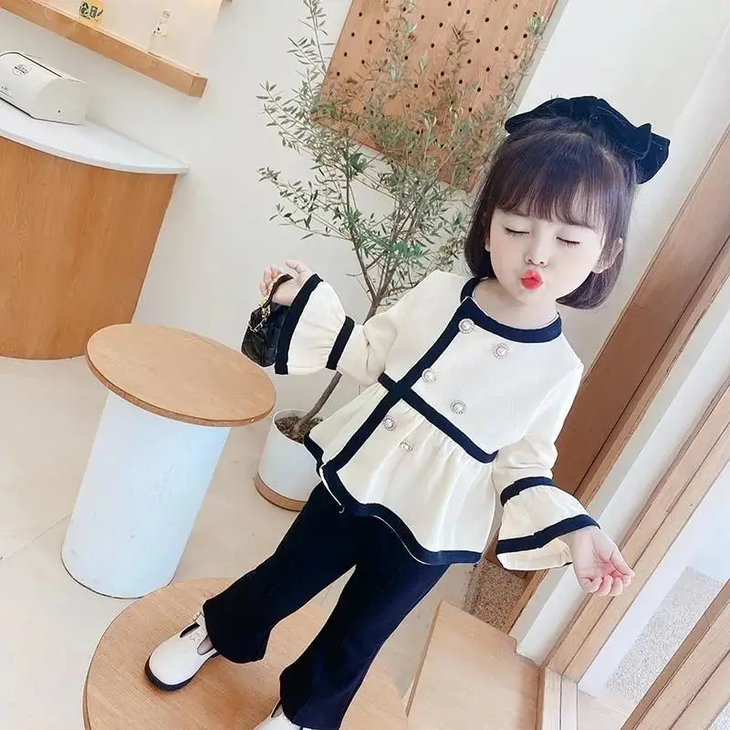 

Spring Autumn Kawaii Korean Patchwork Girls Suit Long Sleeve Outerwear and PantsTwo Piece Set Fashion Button Children's Clothes