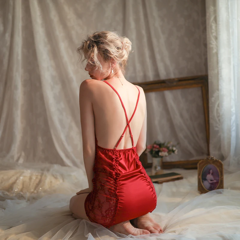 Summer Sexy Night Dress Silk Nightgown Women's New Lingerie Backless Lace V-neck Nightwear Satin Nightdress with Pad Homewear