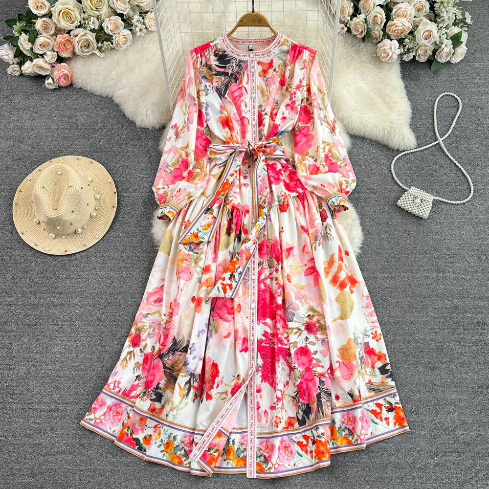 

JAMERARY Runway Fashion Elegant Floral Print Single Breasted Long Sleeve Maxi Chiffon Dress Women Loose Big Size A Line Vestidos