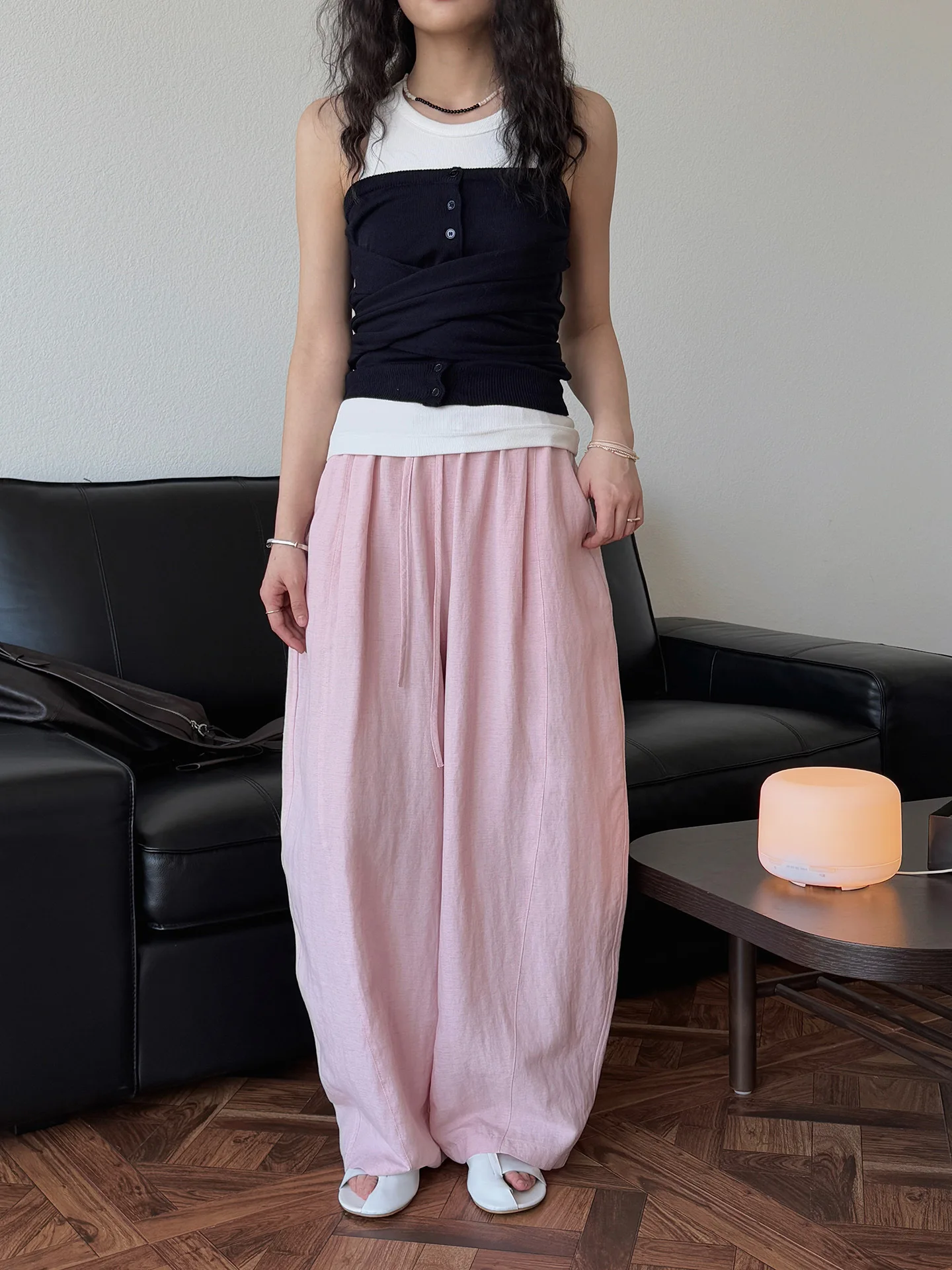 Spring and summer women's casual solid color high waist loose wide leg pants