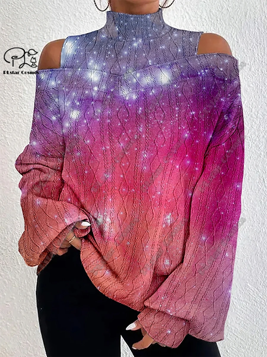 

3D printed starry sky gradient series faded pattern women's lantern sleeve off-shoulder texture top casual long sleeve daily J-1