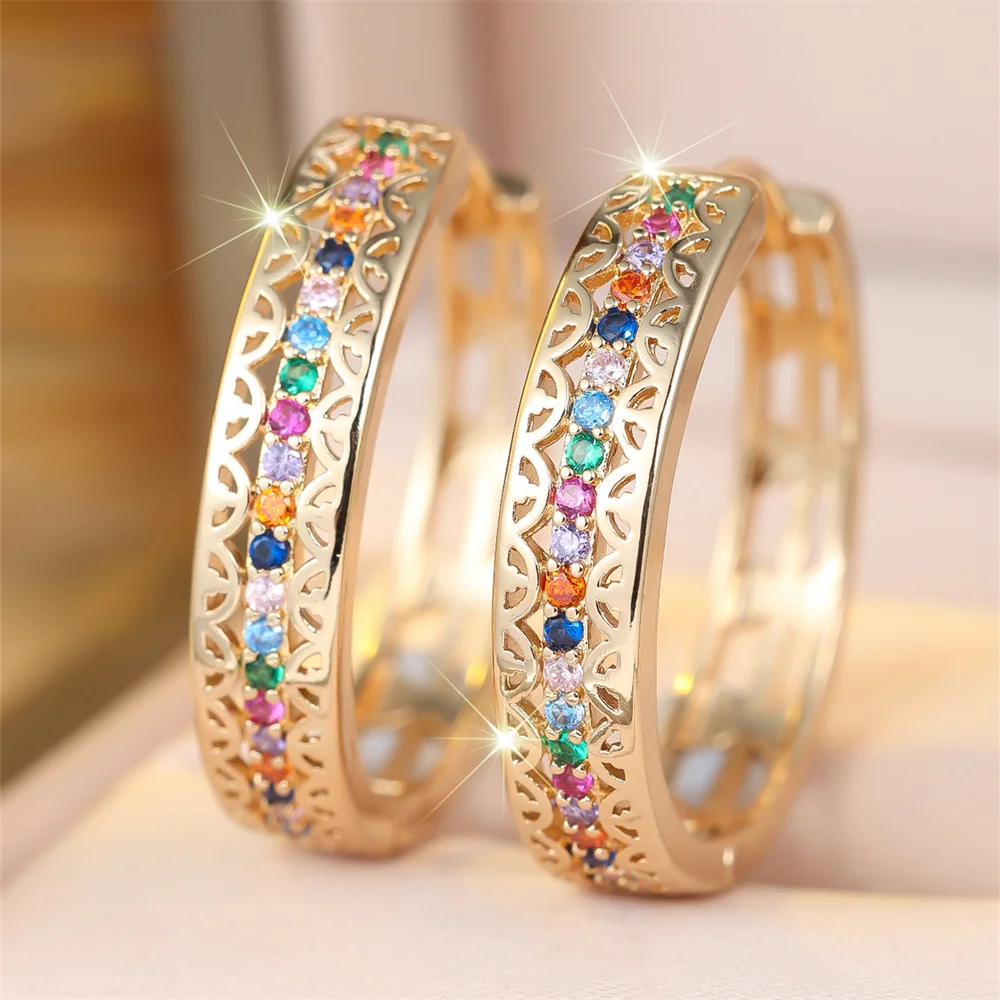 Antique Hollow Flower Multicolor Crystal Hoop Earrings For Women Vintage Gold Color Ear Buckle Wedding Party Jewelry Bridal Gift