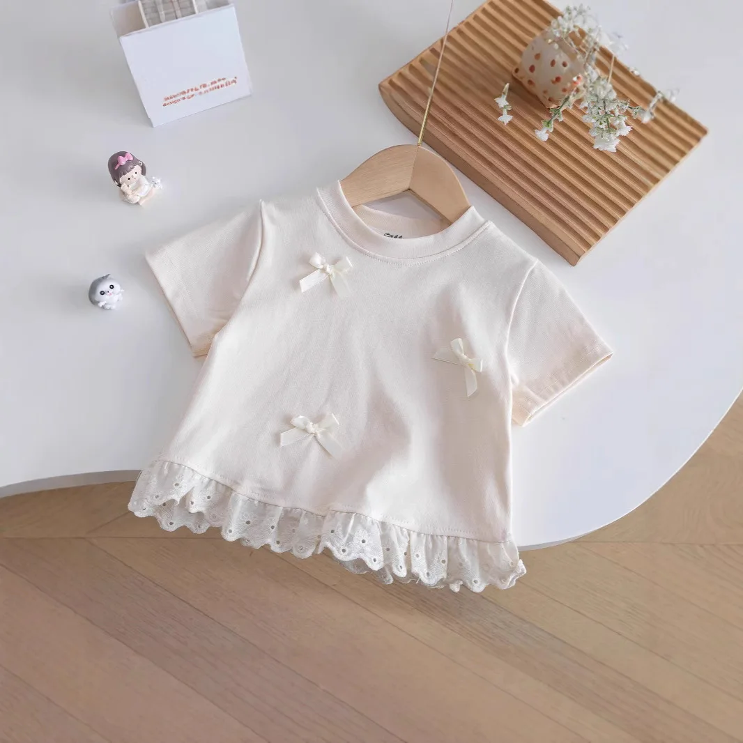 달콤한 소녀들 리본 반팔 티셔츠 여름 어린이 레이스 라운드 넥 탑 한국  소녀 티셔츠