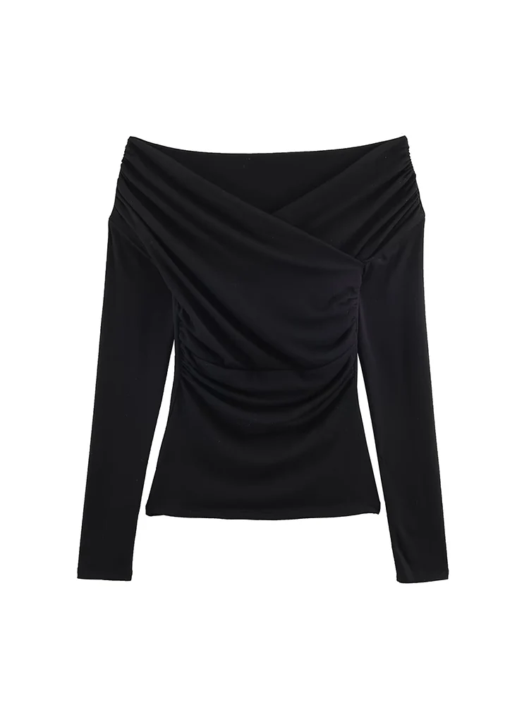 Spring Autumn Women Long Sleeve T-shirt 2026 New Solid Casual Fashion Slimming Folds Design Tops Ladies Chic Elegant Tees