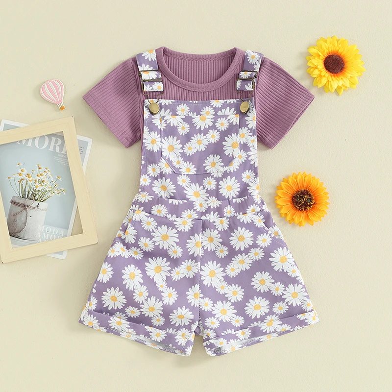 FOCUSNORM 3 Colors Toddler Kids Girls Clothes Sets 1-5Y Outfit Solid Ribbed Short Sleeve T-Shirt with Daisy Print Overall Shorts