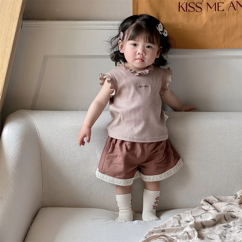 Baby Clothing Set 2024 Summer Princess Korean Style Sweet Solid Color Baby Girls Sleeveless Blouse Lace Shorts Two Piece Set