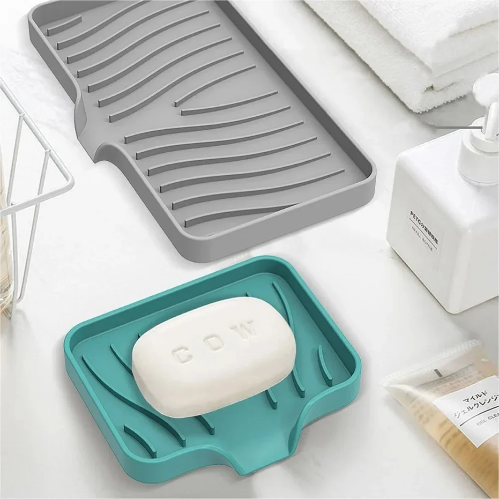 Self Draining Soap Bar Holder Silicone Kitchen Sink Soap Dish Sponge Tray Counter Caddy Organizer for Dish Soap Dispenser