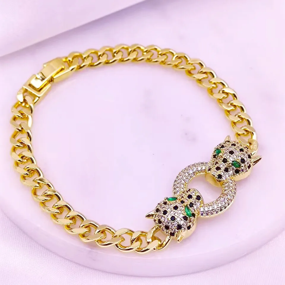 

European and American Fine Jewelry Micro Inlaid Zircon Double Headed Leopard Bracelets Exaggerated Luxury Bracelet Gifts