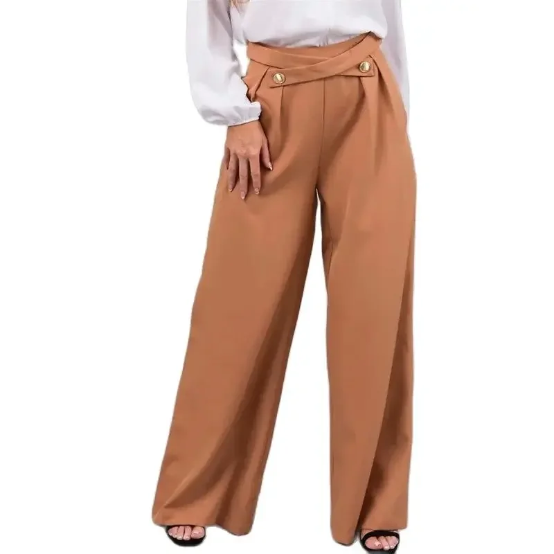 Women Elastic Waist Cross-button Splicing Wide Leg Pants Elegant Female Solid Color Office Commuter Flared Trousers Loose Trous