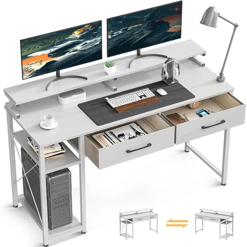 ODK Computer Desk with Drawers, 48 Inch Office Desk with Storage & Shelves, Work Writing Desk with Monitor Stand Shelf, White monitor stand chipboard 118x23 5x9 cm white