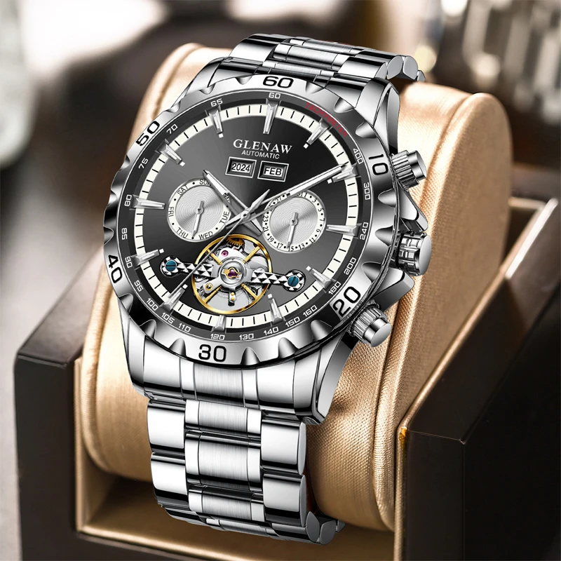 GLENAW High-end Hollow Flywheel Fully Automatic Mechanical Men's Dual Calendar Watch Waterproof Luminous Stainless Steel Watch 2
