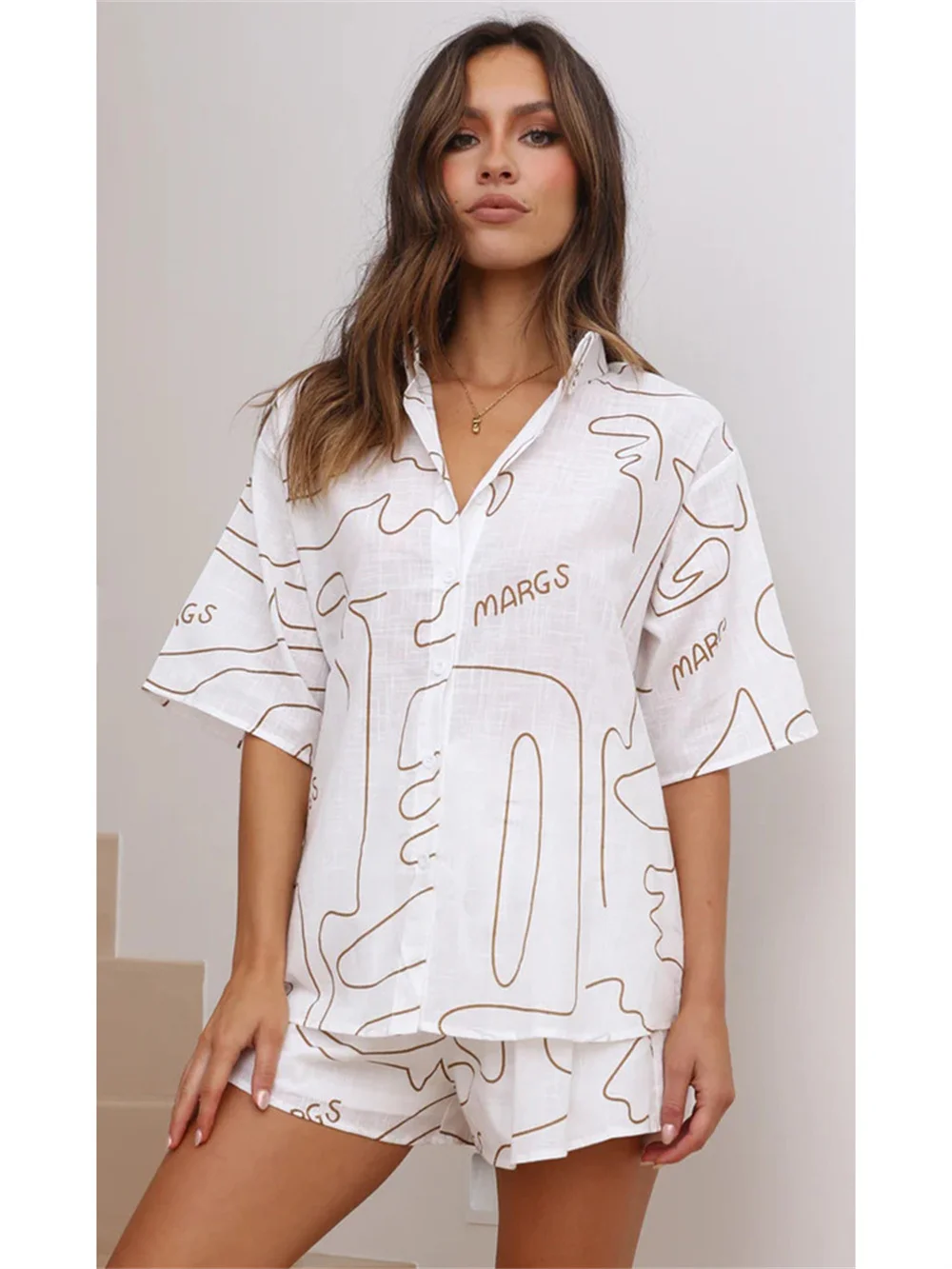 

Casual Cotton Shorts Sets for Women Summer Abstract Painting 2 Pieces Cozy Lapel Short Sleeve Shirt High Waist Loose Shorts Suit