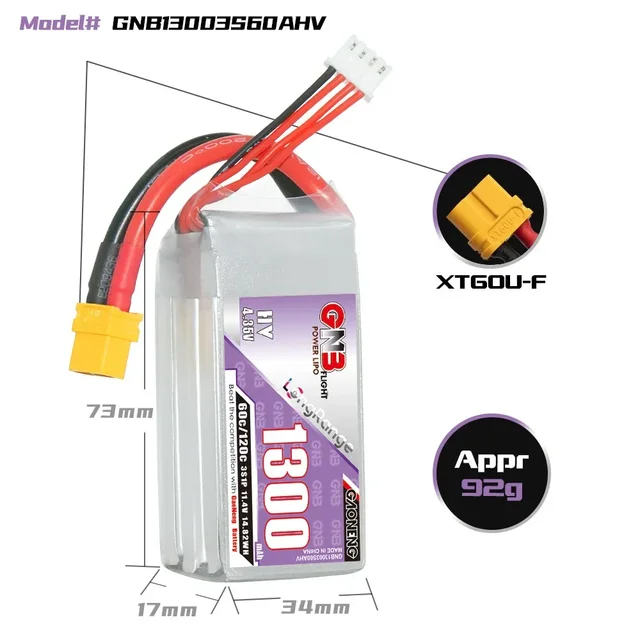 GAONENG GNB 3S 1300mAh 11.4V HV 60C/120C LiPo Battery XT60 - RC Helicopter/FPV Drone Spare Parts 5