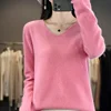 Women 100% Merino Wool Sweater V-Neck Basic Pullover Autumn Winter Cashmere Clothing Long Sleeve Soft Knitwear Tops Solid Color 1