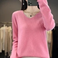 Women 100% Merino Wool Sweater V-Neck Basic Pullover Autumn Winter Cashmere Clothing Long Sleeve Soft Knitwear Tops Solid Color 1