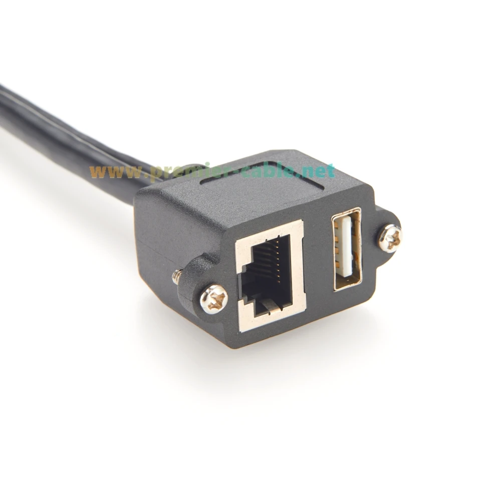 Dual USB 2.0 RJ45 Cat5e Ethernet Combo Extension Cable RJ45 8P8C USB Type-A Male to Female Screw Panel Chassis Feedthrough Cable