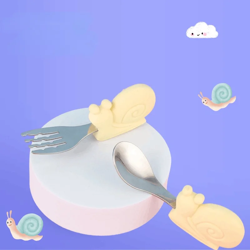 2Pcs Cartoon Elephant Spoon Fork Set Non-slip Infant Feeding Children Tableware Kids Training Spoon Silicone/Stainless Steel