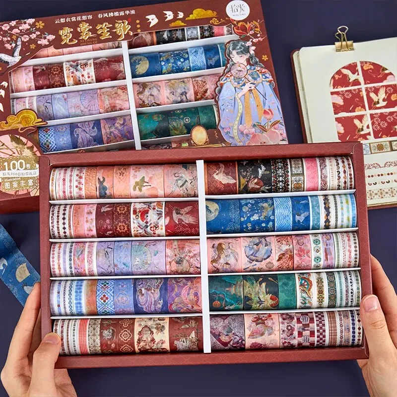 100 Rolls/set Washi Tape Ancient Aristocratic Style Crane Pattern DIY Decoration Materials Children's Gifts 2