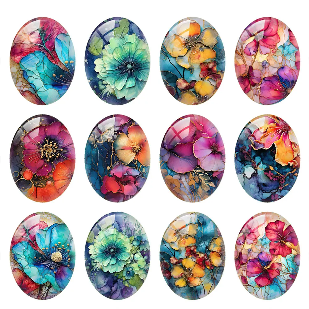 

10pcs/lot Oval Photo Glass Cabochon Flower Watercolor Flatback Charms Demo Flat Back Cameo For Diy Jewelry Findings Accessories