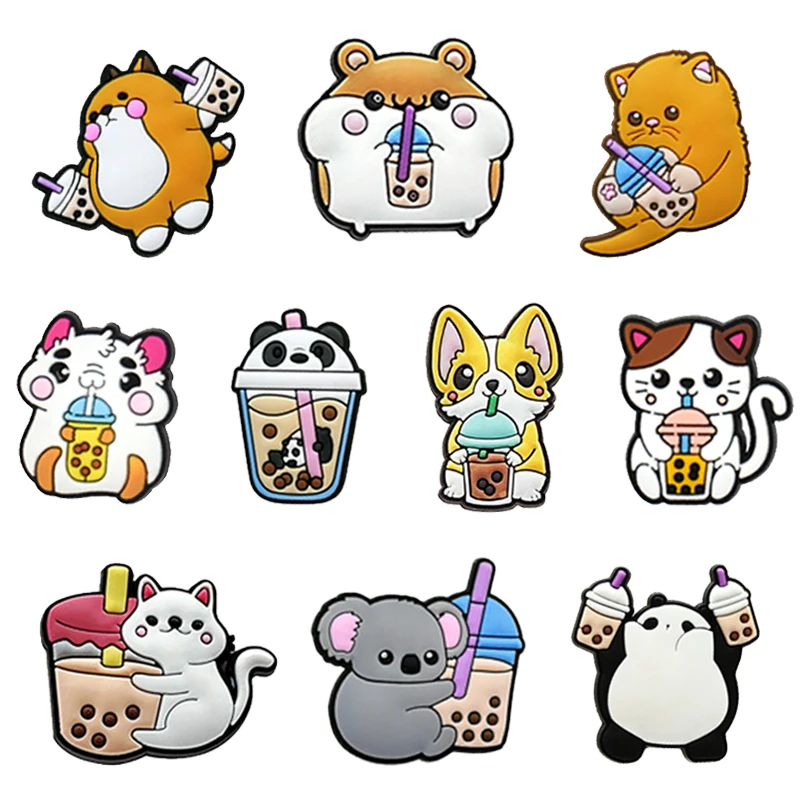 1 Pz Carino Boba Milk Tea Cat Dog Bear Shoe Charms Pin Per Croc Accessori Sandali Decorazioni Bambini Adulti Bomboniere Regali