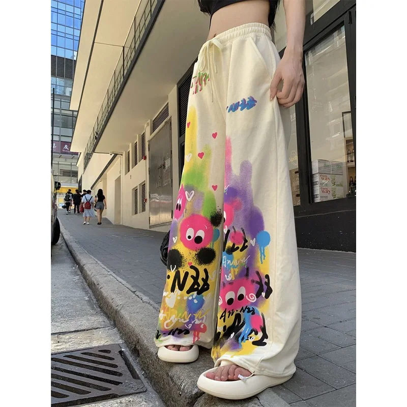 2024 Summer Fashion High Waisted Lace Up Print Loose and Slimming Street Trend Dopamine Dressing Casual Wide Leg Pants for Women